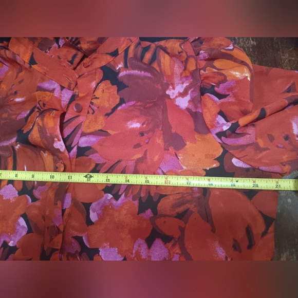 Red and Pink Puff Sleeve Blouse with Notched Collar - Picture 14 of 14